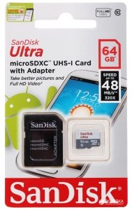 Карта памяти SanDisk Ultra microSDXC + SD Adapter 64GB 100MB/s (Class 10)